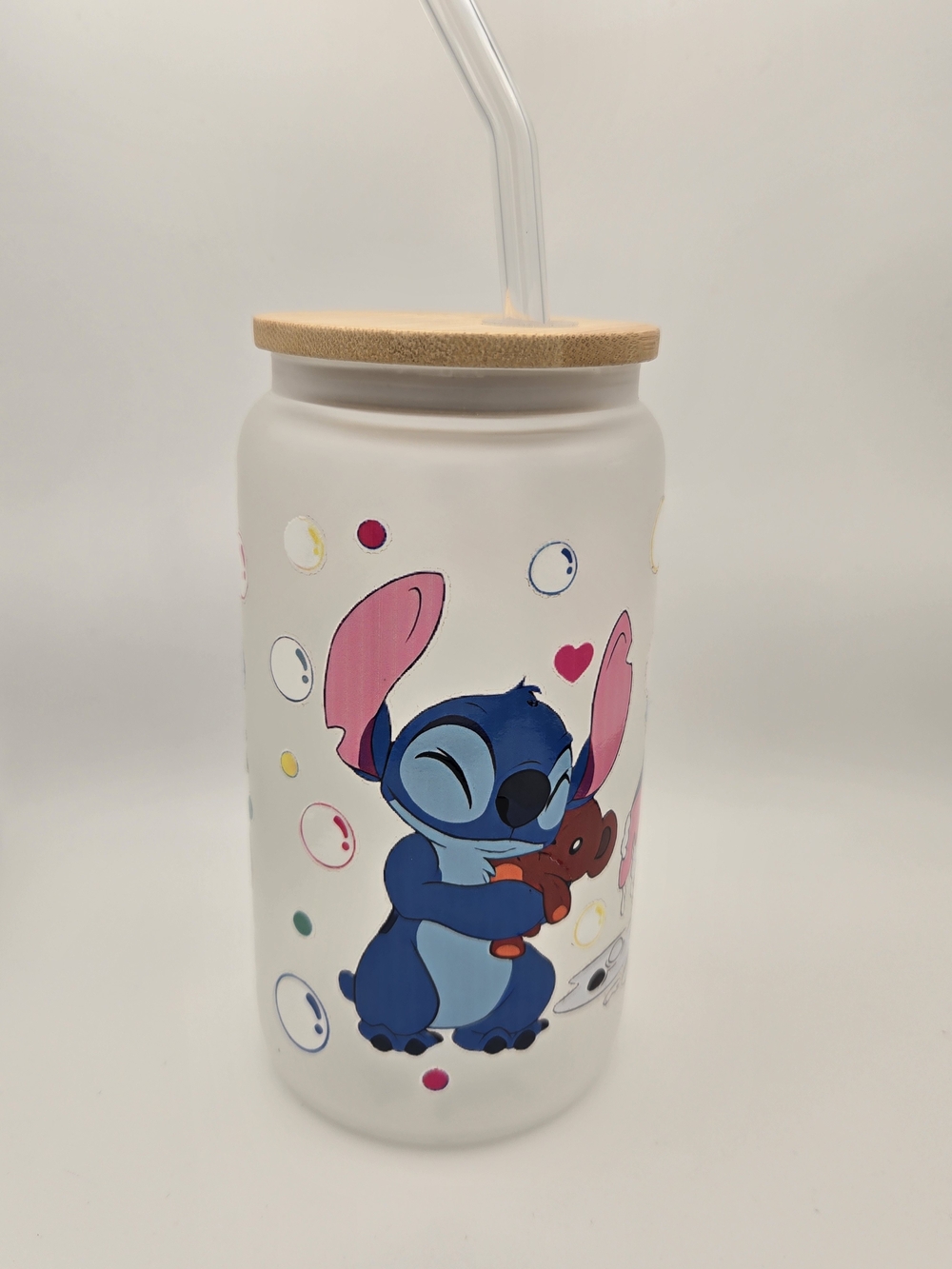 White Ceramic Drinking Jar with Bamboo Lid — Pink & Blue Character Design
